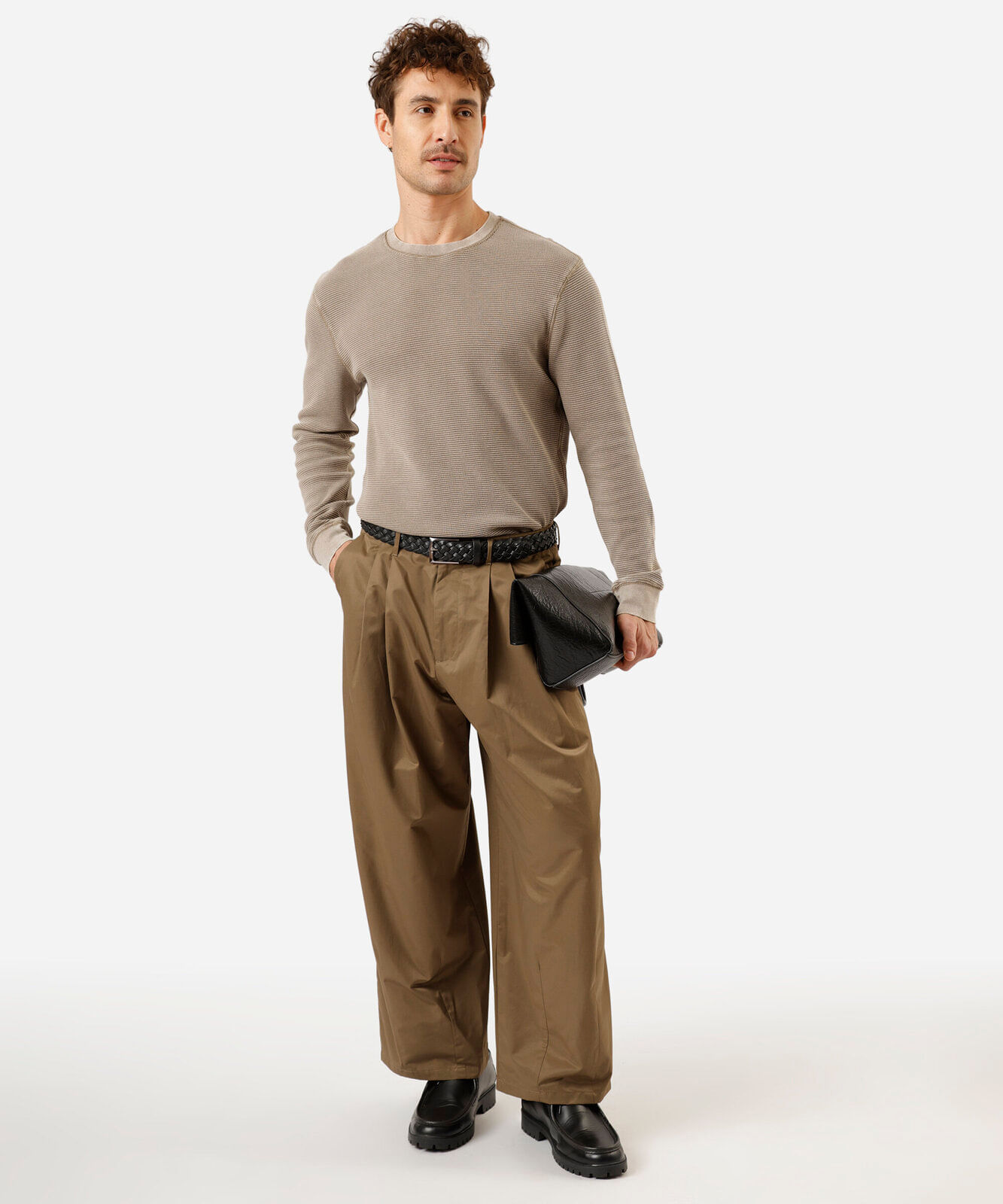 camiseta masculina de algodão manga longa texturizada estonada bege