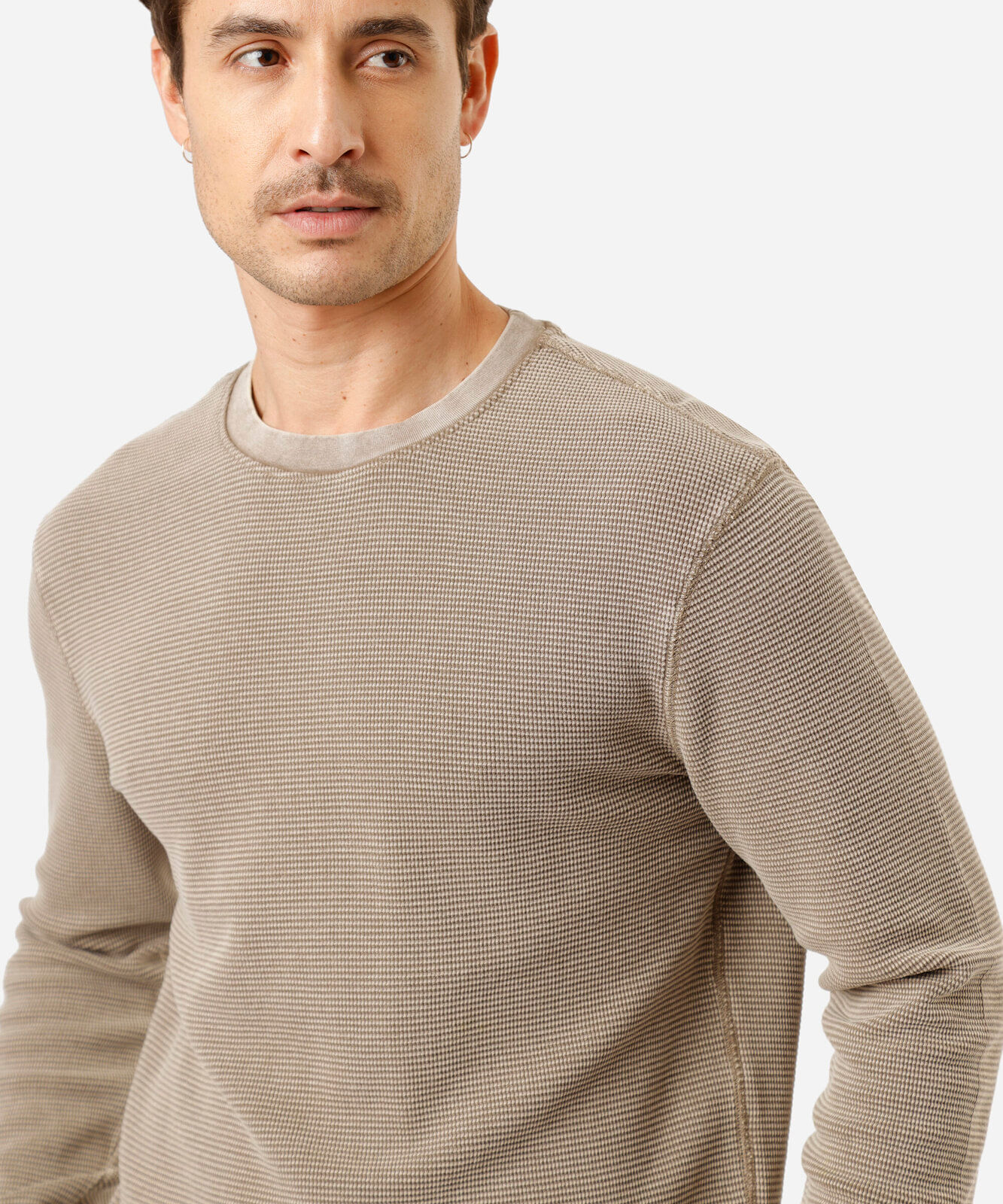 camiseta masculina de algodão manga longa texturizada estonada bege