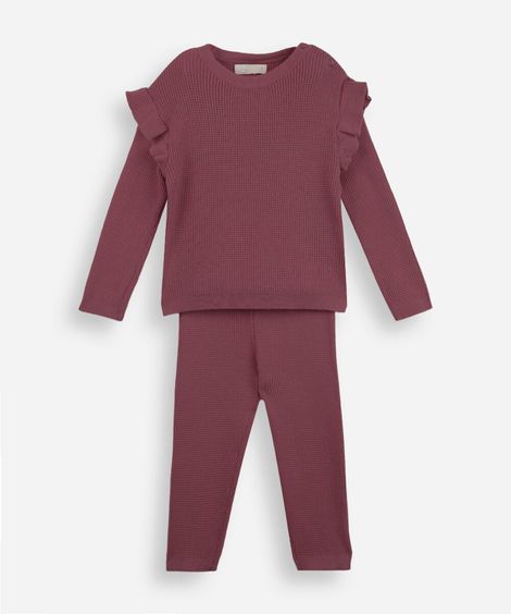 conjunto longo infantil com babado texturizado vinho