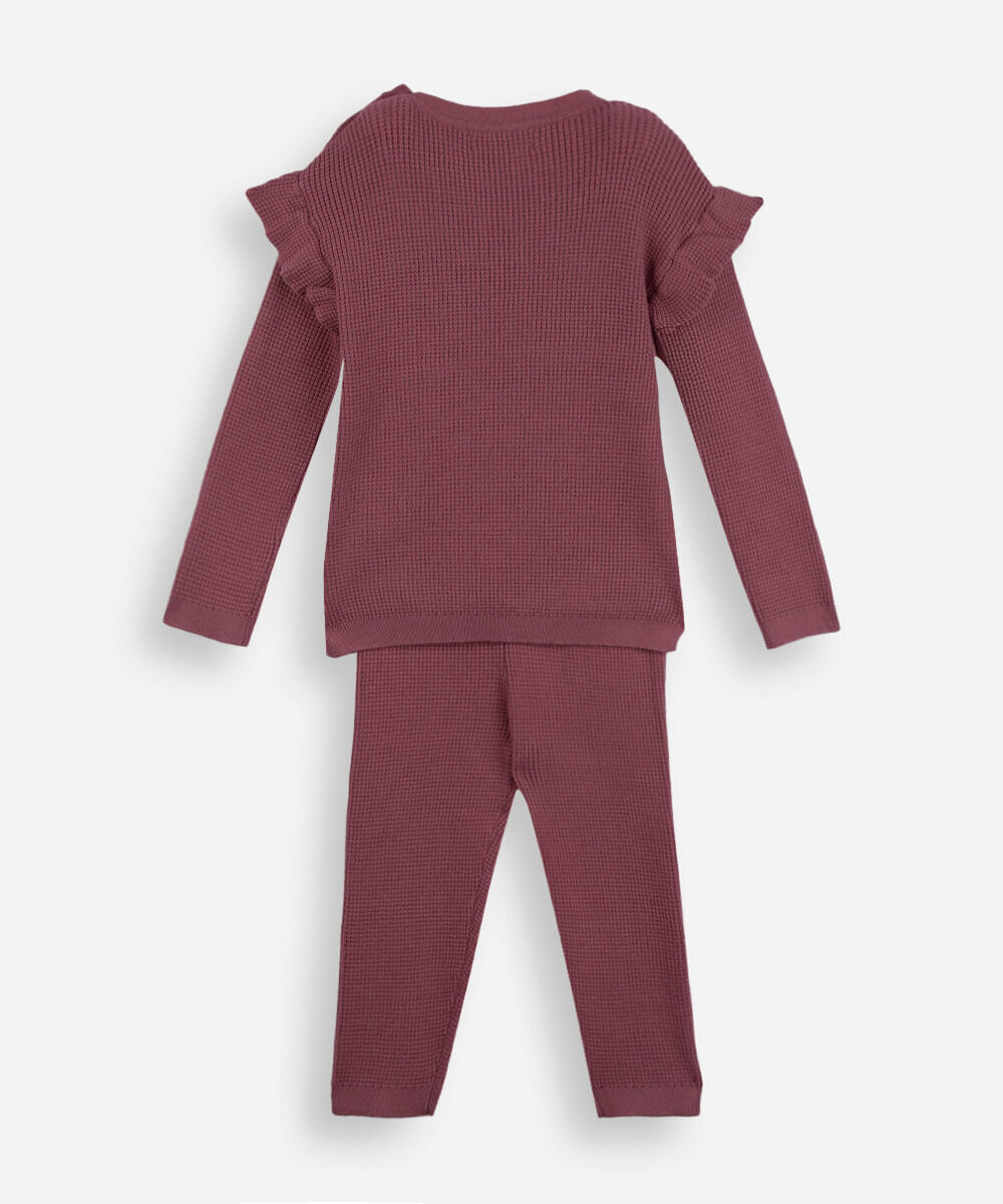 conjunto longo infantil com babado texturizado vinho