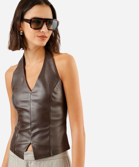 blusa frente única feminina de pu com fenda marrom