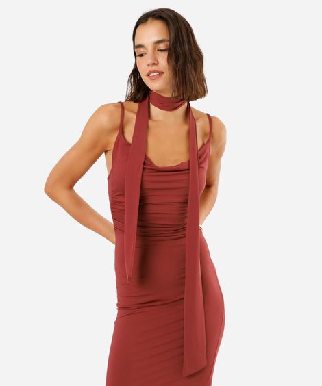 vestido midi alça fina feminino decote degagê com fenda e lenço vinho