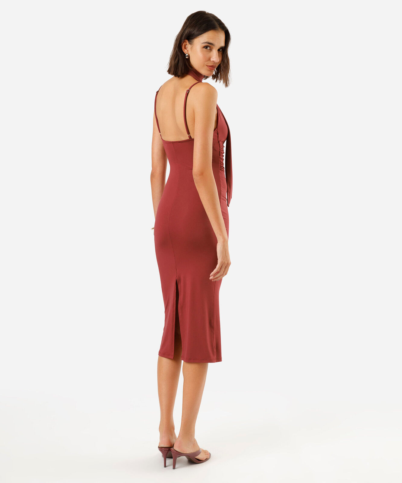 vestido midi alça fina feminino decote degagê com fenda e lenço vinho