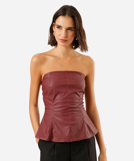 blusa peplum sem alça feminina de pu com recortes vinho