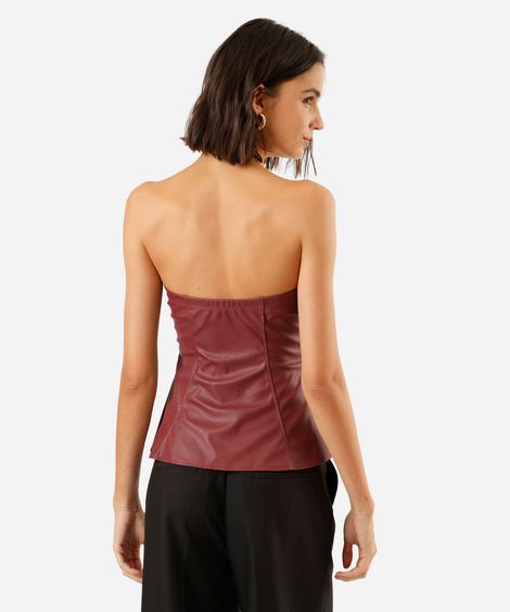 blusa peplum sem alça feminina de pu com recortes vinho