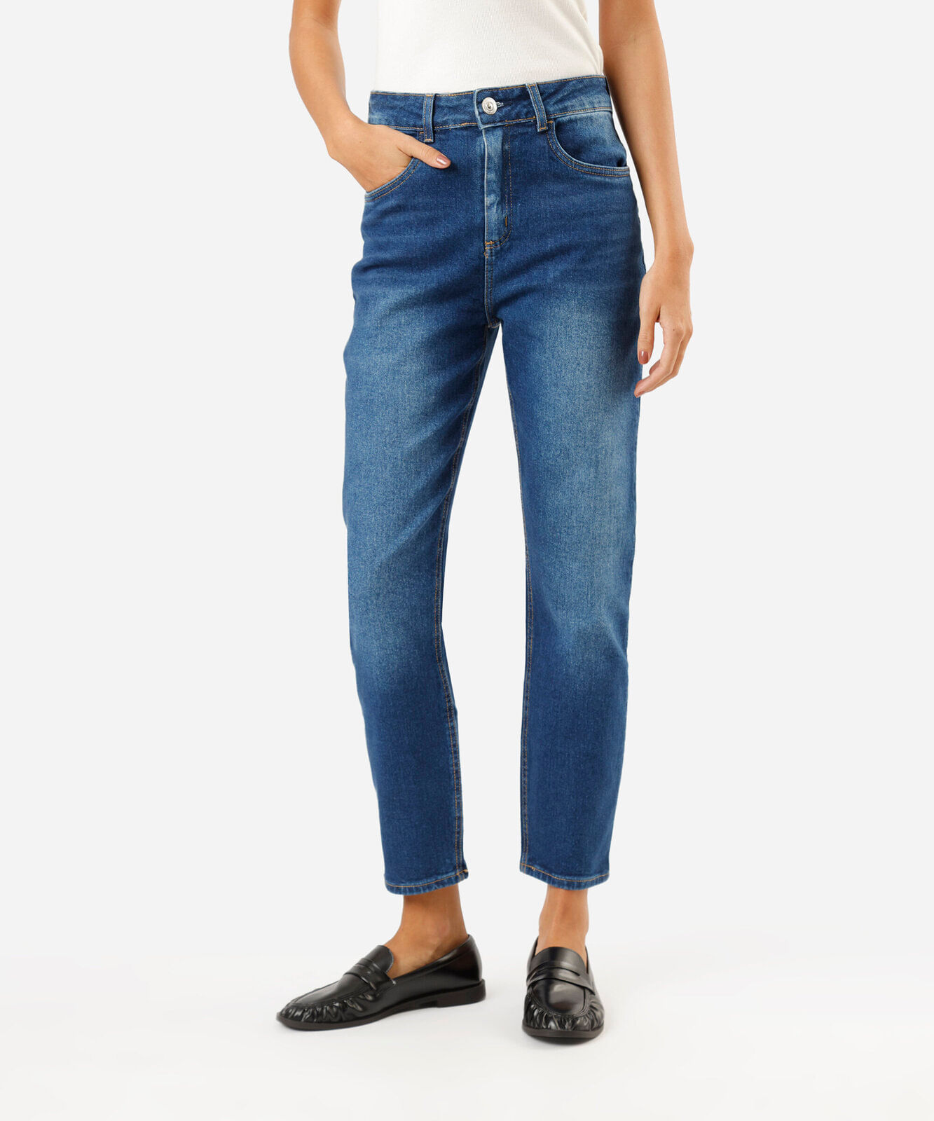 calça mom feminina jeans cintura alta  azul