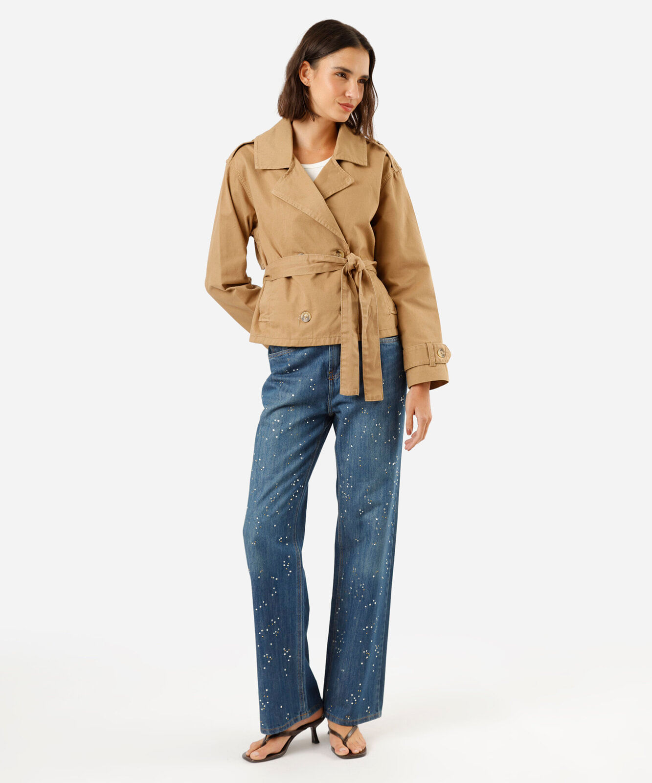 calça wide leg slim feminina jeans com brilhos cintura alta azul