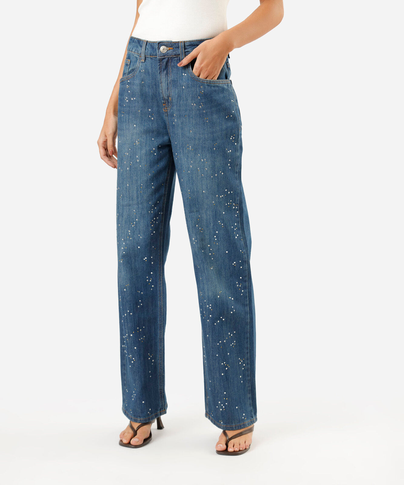 calça wide leg slim feminina jeans com brilhos cintura alta azul