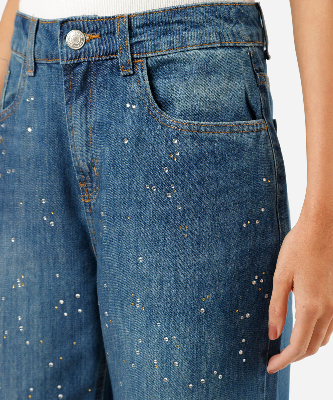 calça wide leg slim feminina jeans com brilhos cintura alta azul