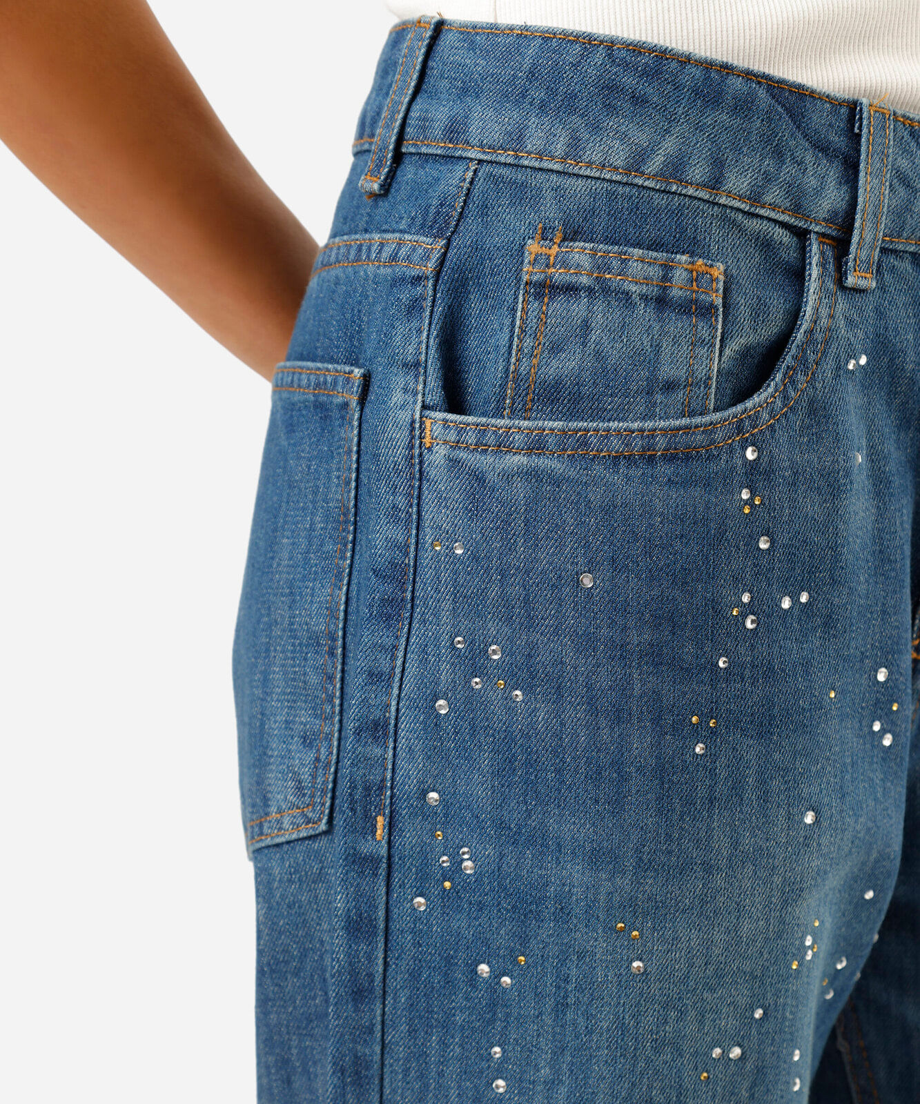 calça wide leg slim feminina jeans com brilhos cintura alta azul