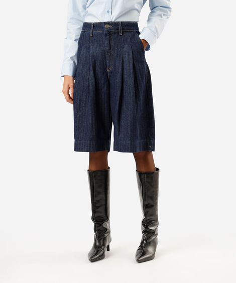bermuda jorts feminina jeans com pregas listrada cintura média azul
