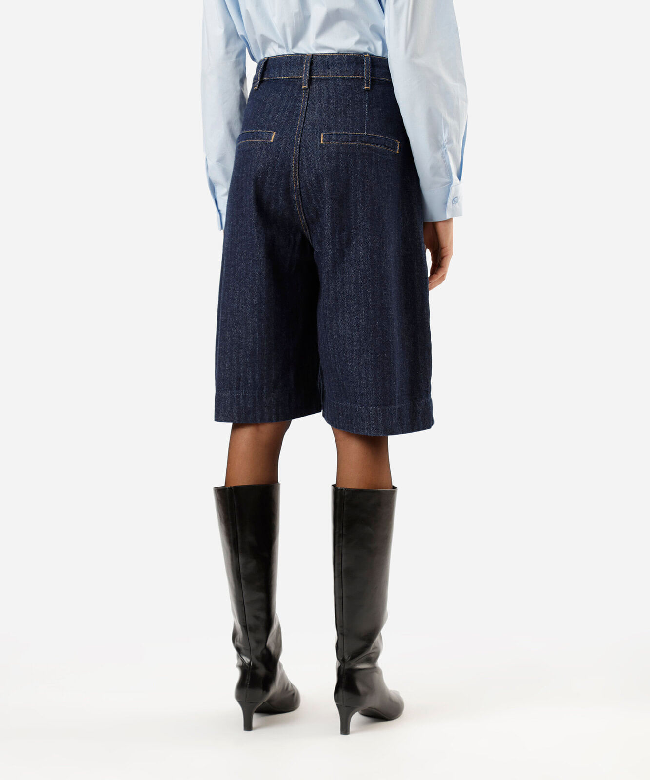 bermuda jorts feminina jeans com pregas listrada cintura média azul