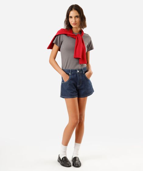 short feminino jeans cintura média azul