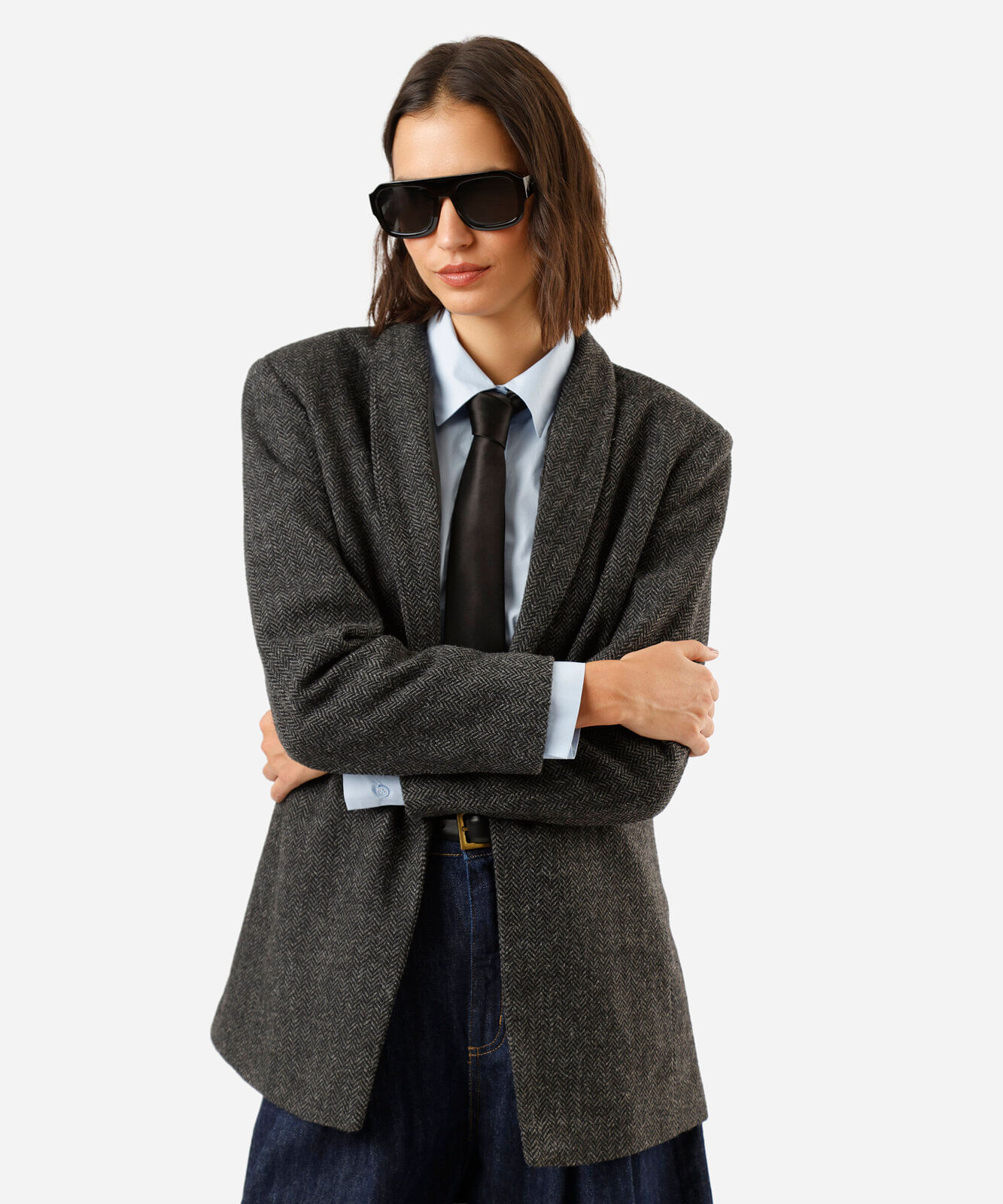 blazer de alfaiataria feminino com lã texturizado cinza