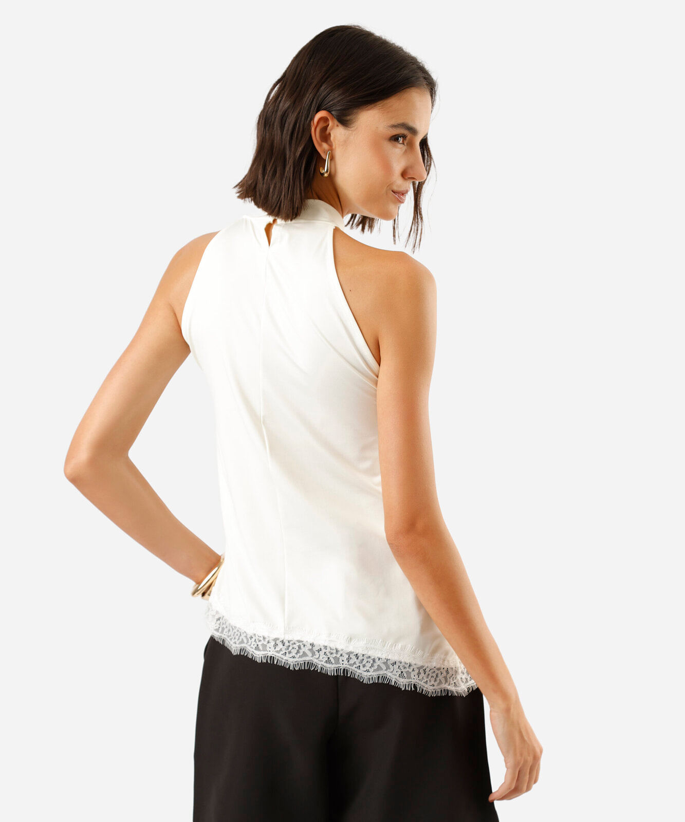 blusa feminina halterneck com renda assimétrica off white
