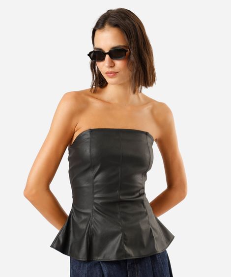 blusa peplum sem alça feminina de pu com recortes preta