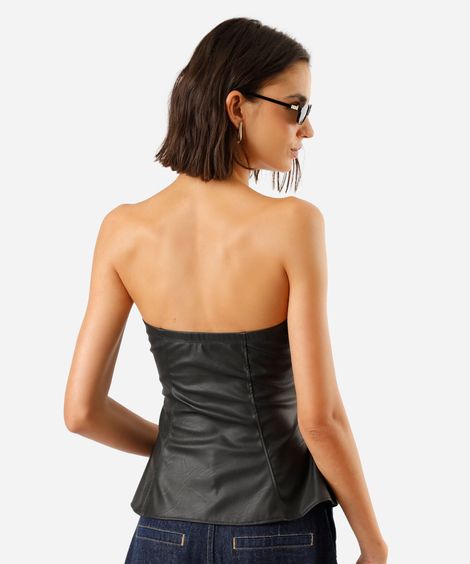 blusa peplum sem alça feminina de pu com recortes preta