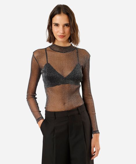 blusa feminina de tule gola alta manga longa com lurex preta