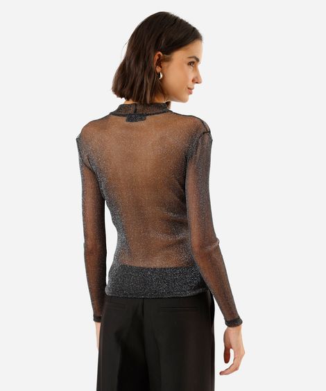 blusa feminina de tule gola alta manga longa com lurex preta