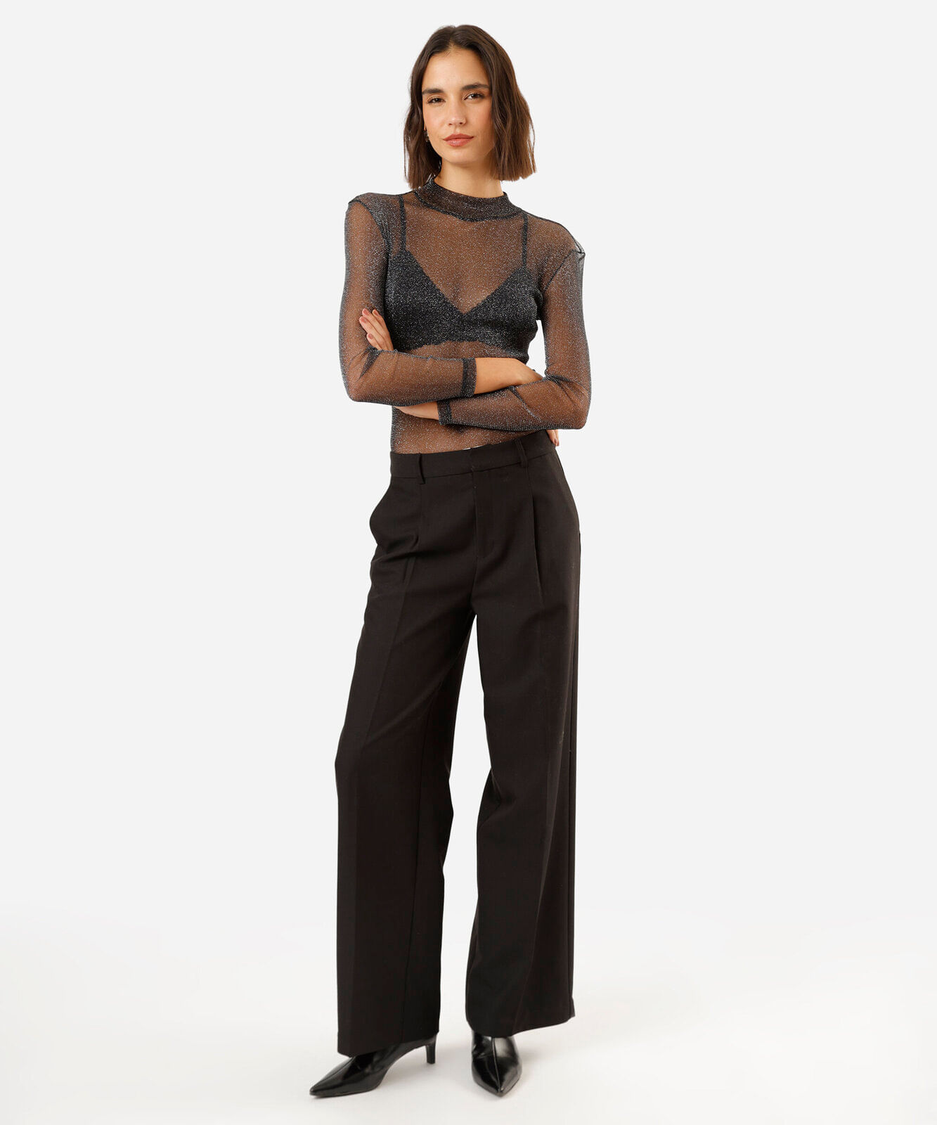 blusa feminina de tule gola alta manga longa com lurex preta