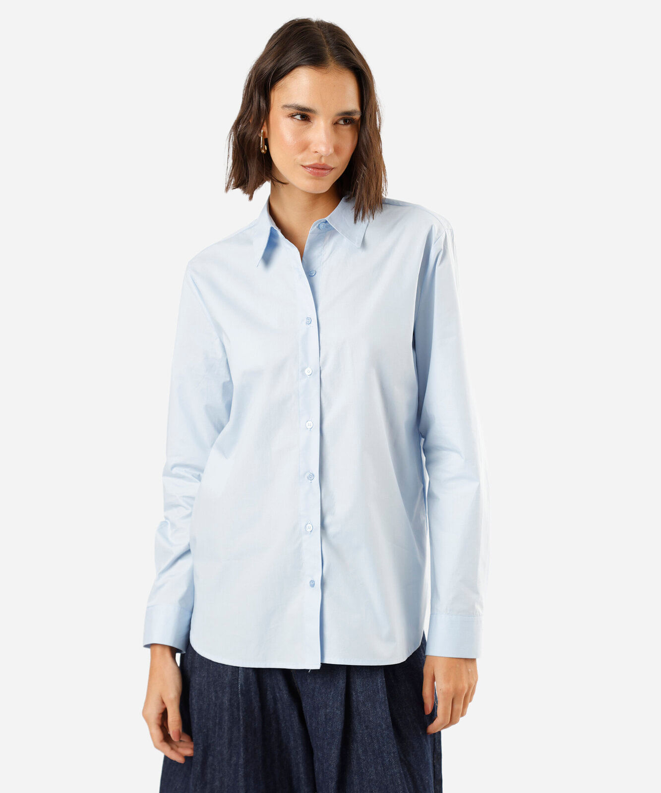 camisa feminina de algodão manga longa azul