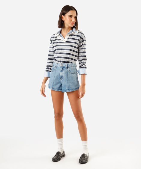 short feminino jeans com nervura cintura alta azul