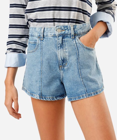 short feminino jeans com nervura cintura alta azul