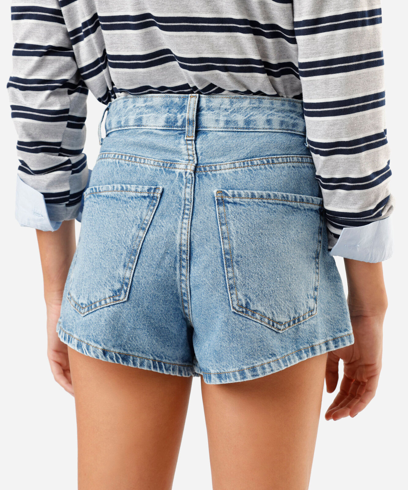 short feminino jeans com nervura cintura alta azul