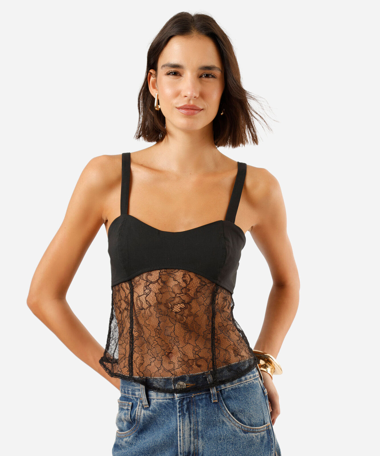 regata corset alça fina feminina com renda preta