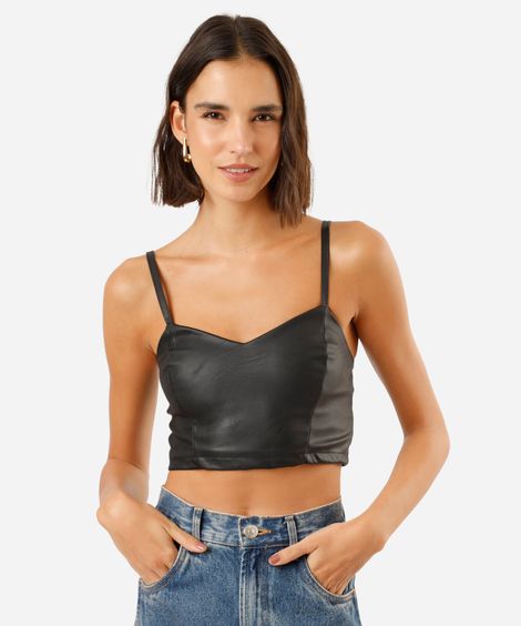 top cropped feminino de pu alça fina preto