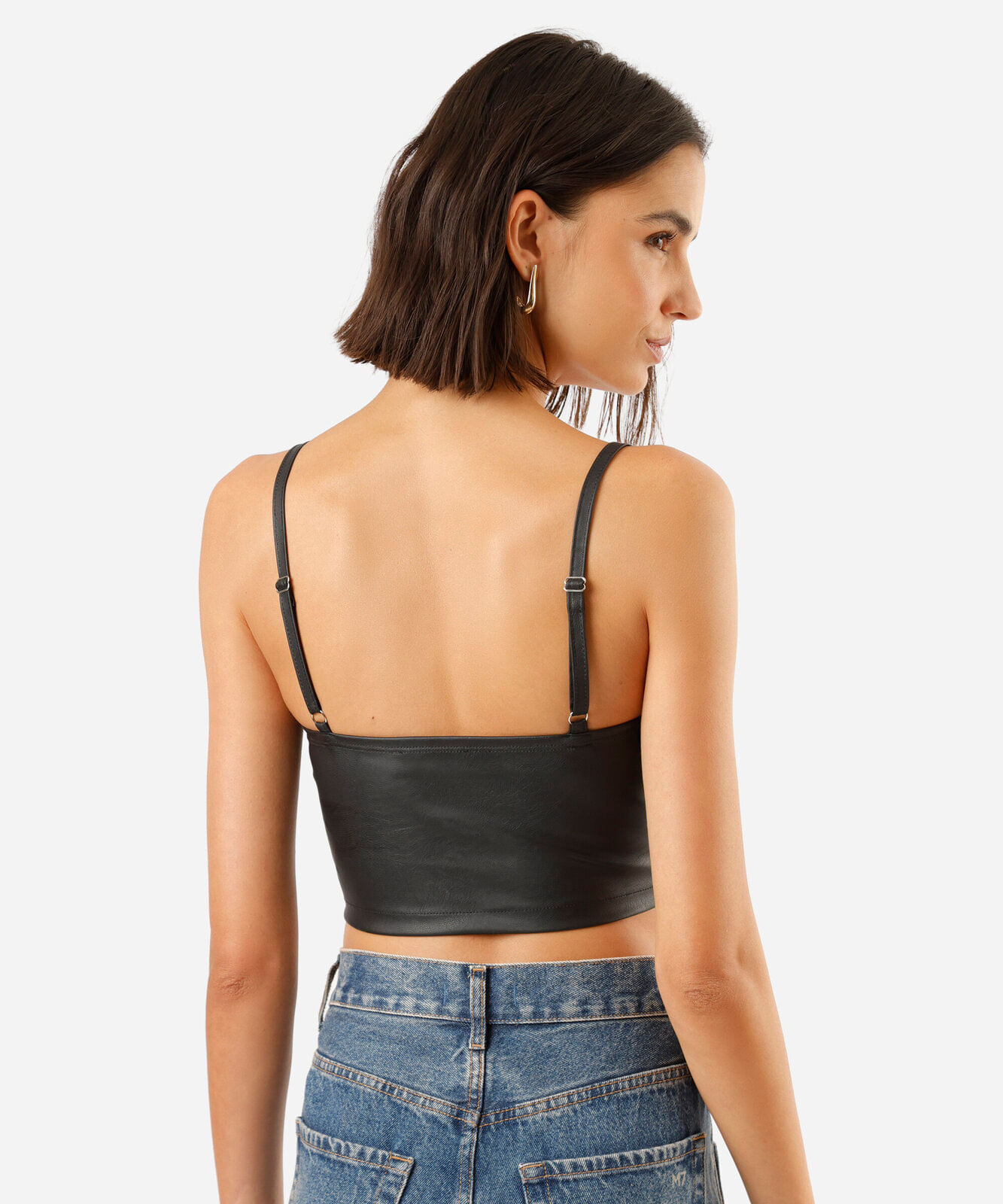 top cropped feminino de pu alça fina preto