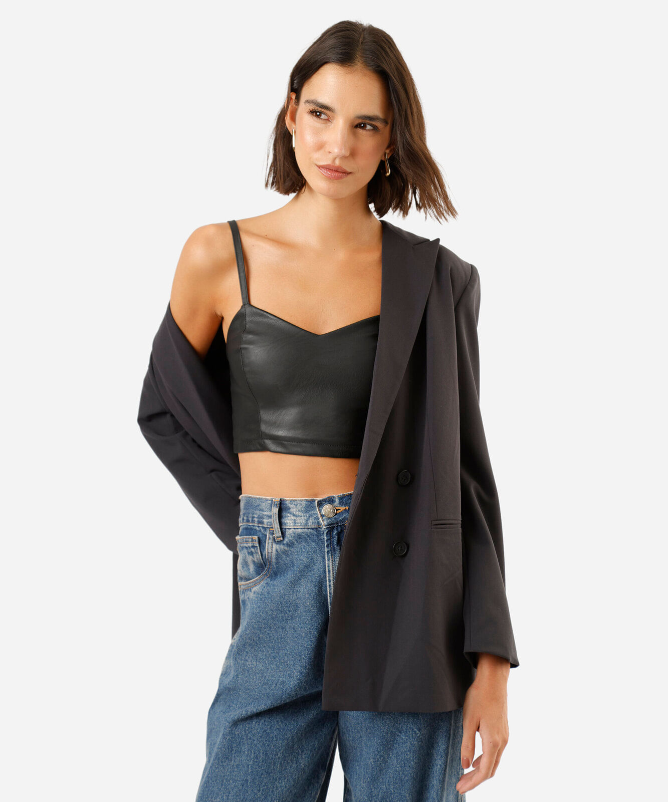 top cropped feminino de pu alça fina preto