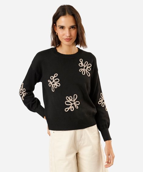 suéter feminino de tricot com bordado preto