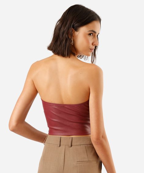 top cropped corset feminino de pu sem alça vinho