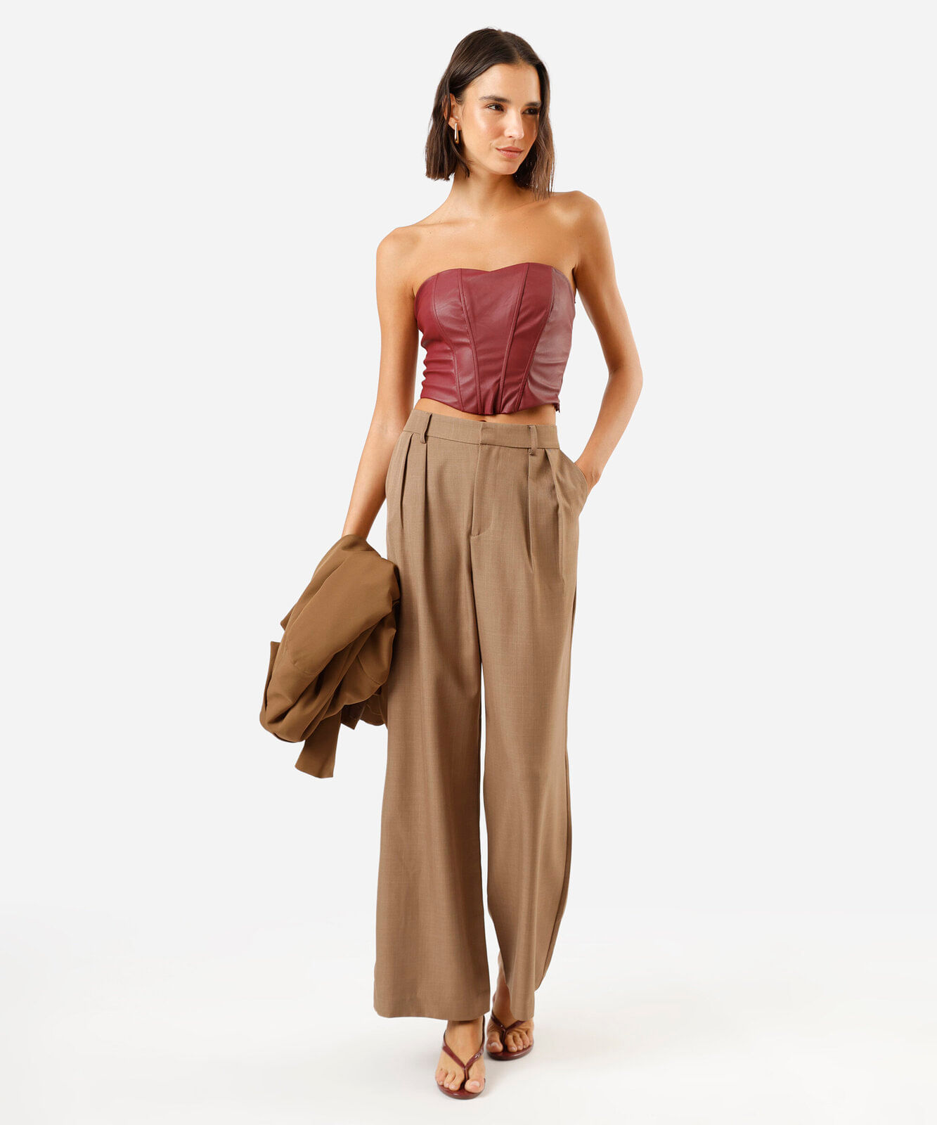 top cropped corset feminino de pu sem alça vinho