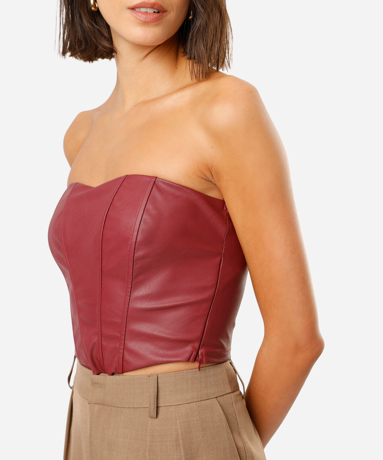 top cropped corset feminino de pu sem alça vinho