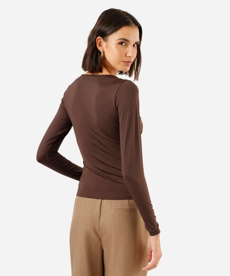 blusa feminina decote v manga longa marrom