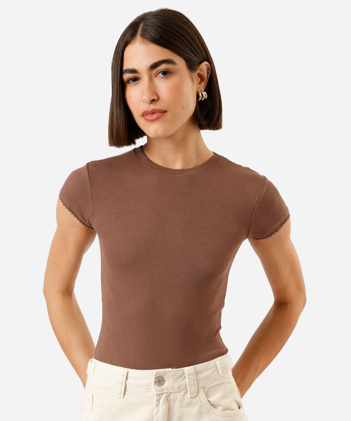 blusa baby look feminina com renda canelada cropped marrom