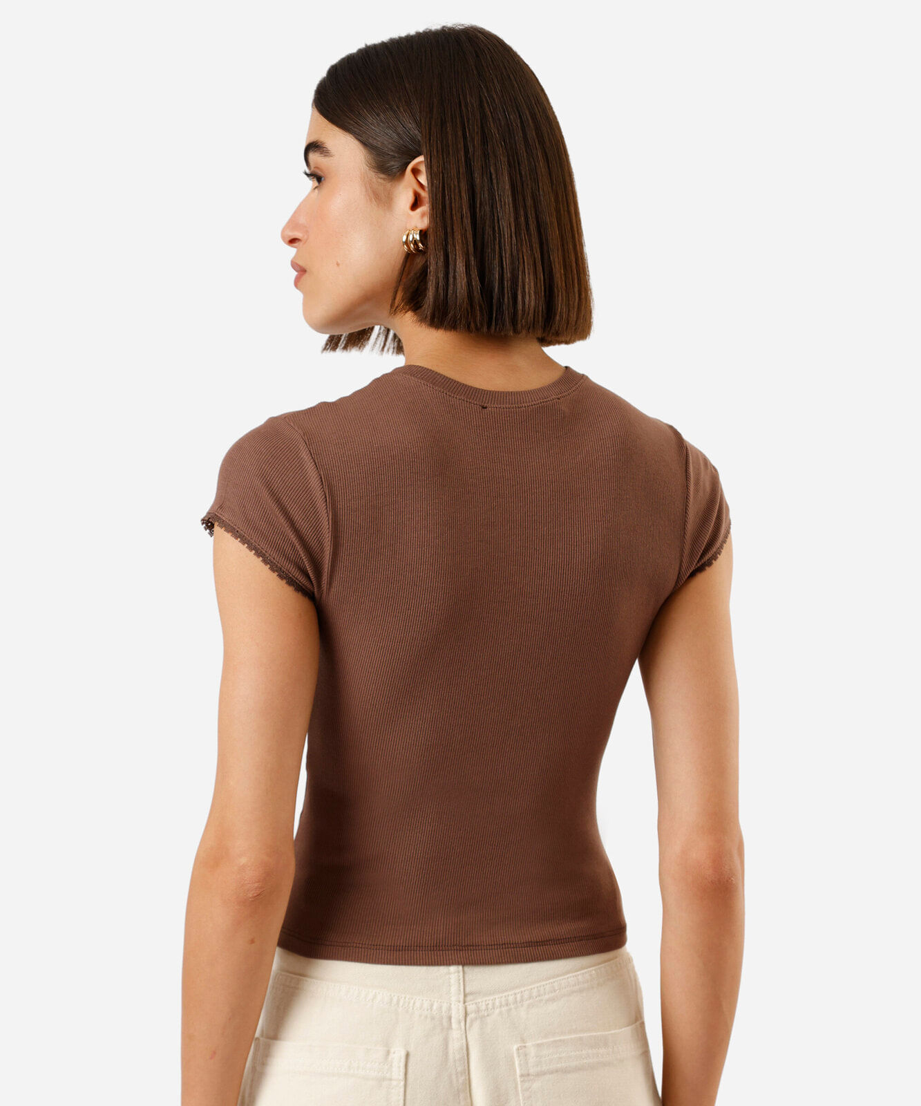 blusa baby look feminina com renda canelada cropped marrom