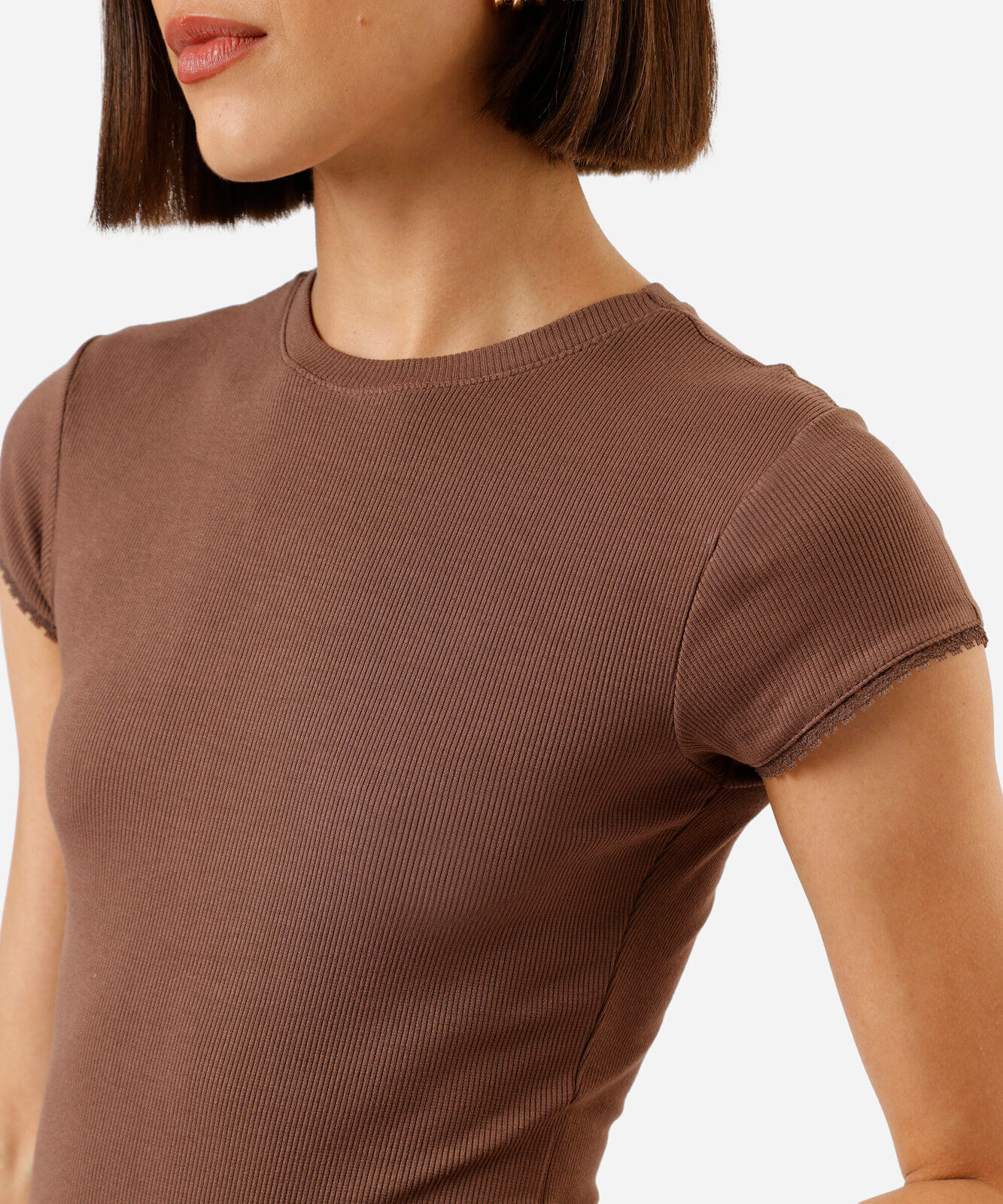 blusa baby look feminina com renda canelada cropped marrom