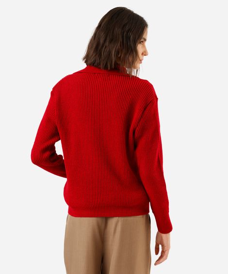 suéter polo feminino de tricot canelado vermelho