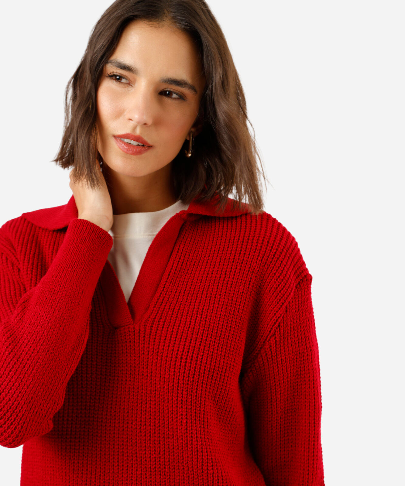 suéter polo feminino de tricot canelado vermelho