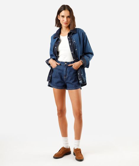 short mom feminino jeans cintura alta cós elástico azul