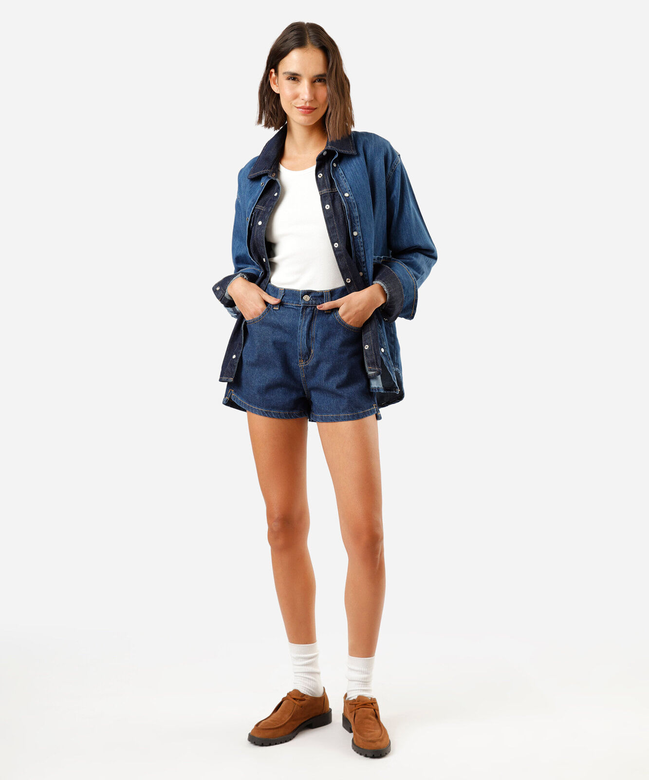 short mom feminino jeans cintura alta cós elástico azul