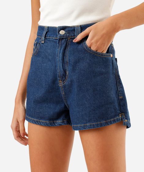 short mom feminino jeans cintura alta cós elástico azul