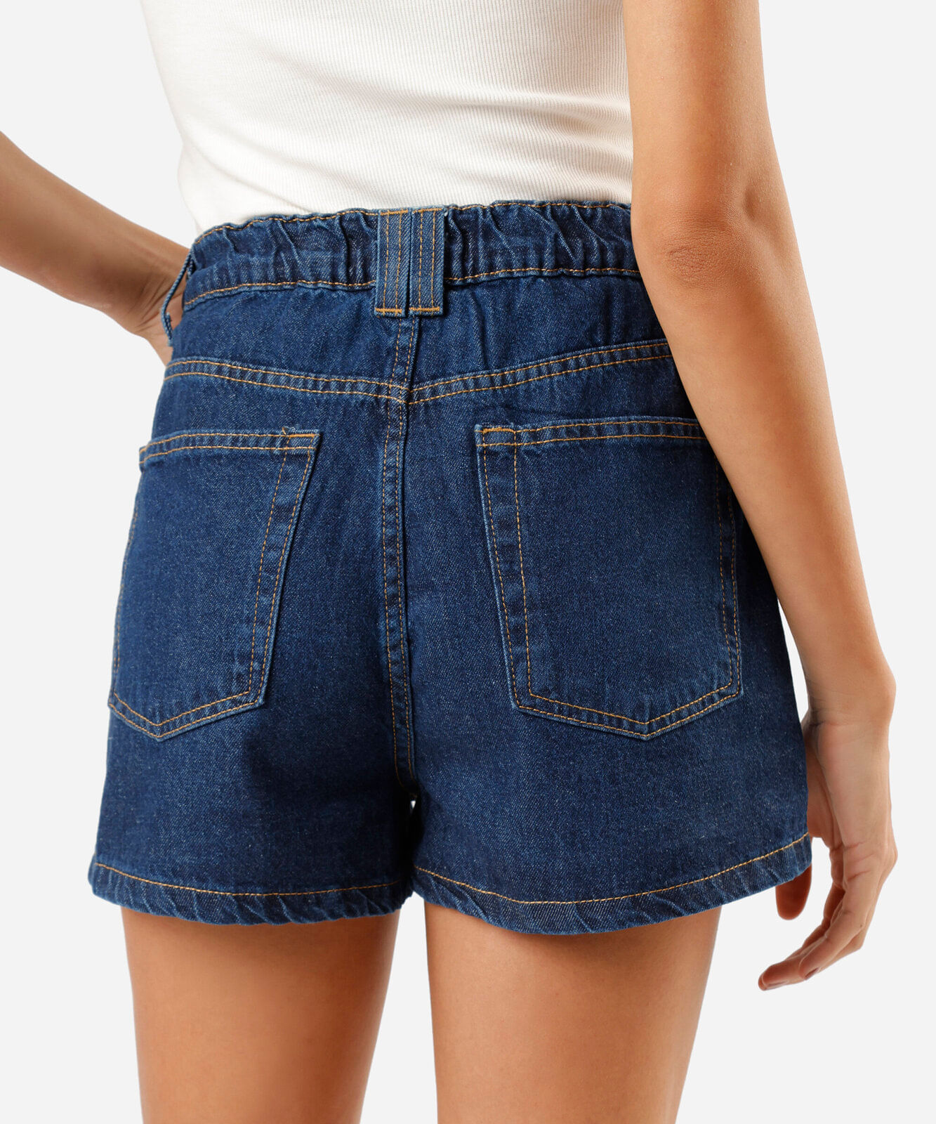 short mom feminino jeans cintura alta cós elástico azul