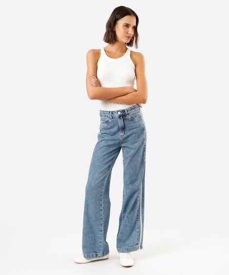 calça wide leg feminina jeans listras laterais sawary azul