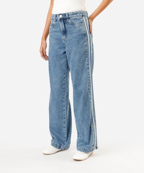 calça wide leg feminina jeans listras laterais sawary azul