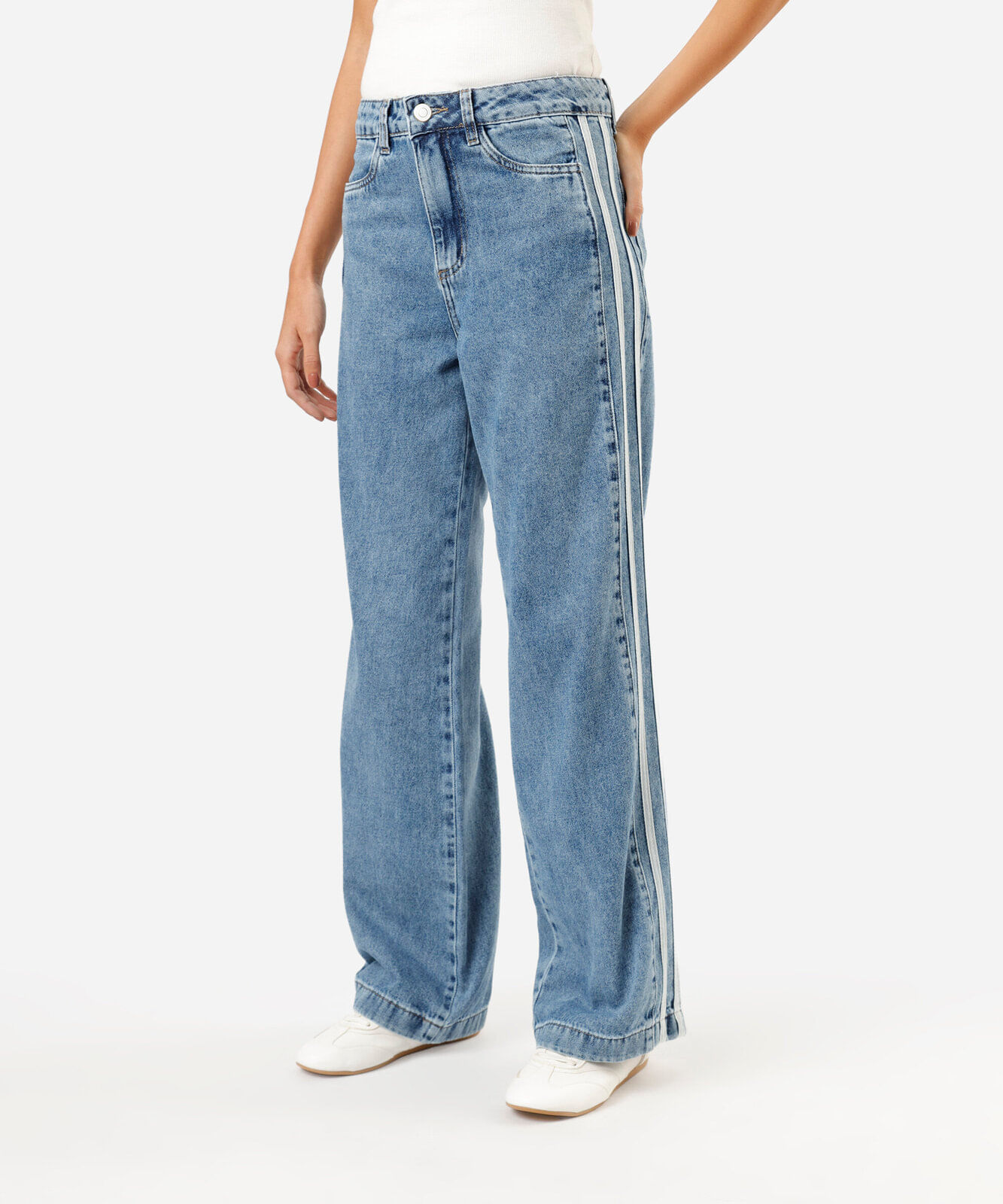 calça wide leg feminina jeans listras laterais sawary azul