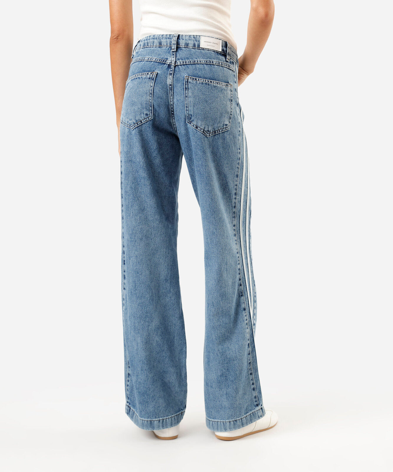 calça wide leg feminina jeans listras laterais sawary azul